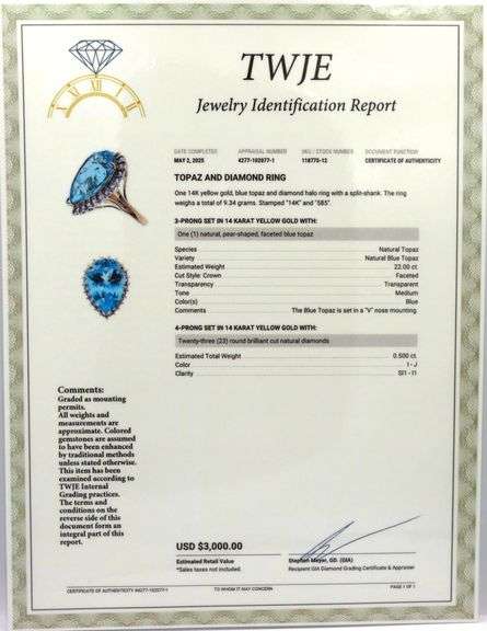 14kt Yellow gold 22ct pear blue topaz and 0.50ctw diamond halo ring