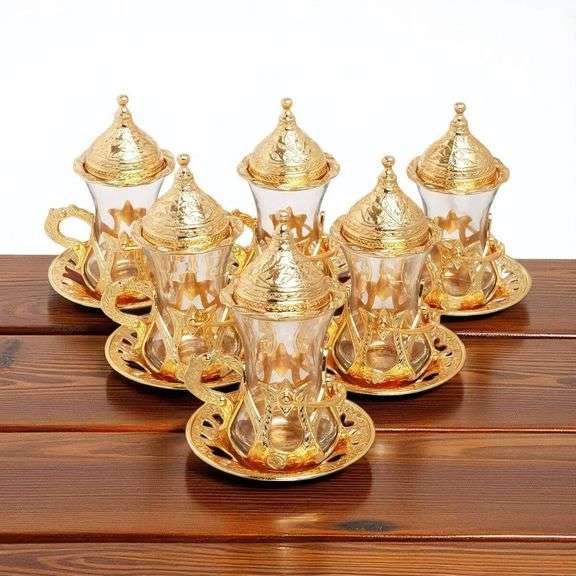 Set of 6 Handmade Turkish Tea Glasses with Saucers & Spoons