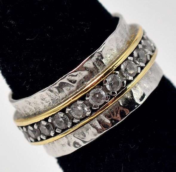 Inlaid CZ Textured Band Ring in Sterling Silver