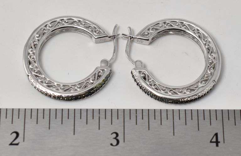 Blue Diamond Hoop Earrings in Sterling Silver