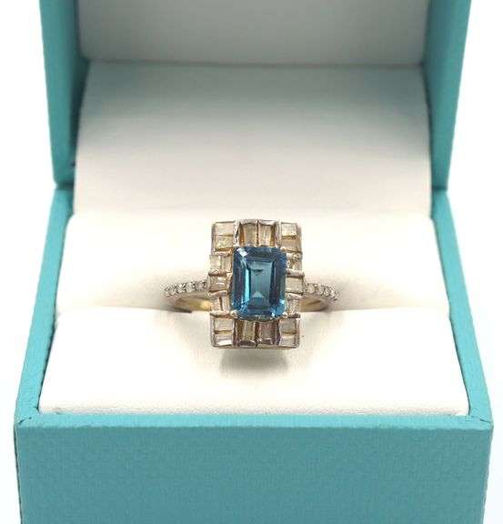 Stunning Very Rare 3.00CTS Emerald Cut London Blue Topaz & Diamond Ring in Sterling Silver