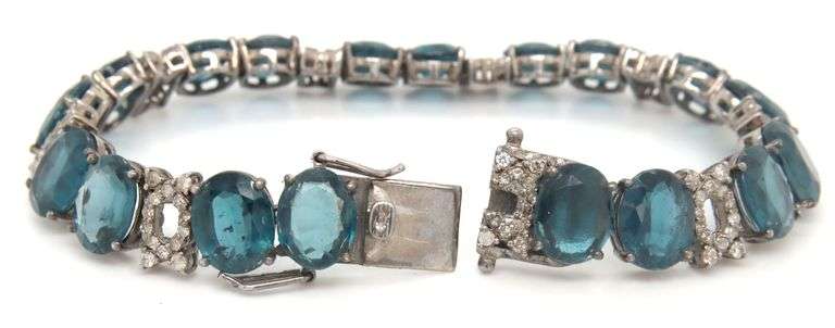 Awesome 50.89CTW Oval Emerald-Cut Blue Topaz & Diamond Bracelet in 14K White Gold Over Sterling Silv