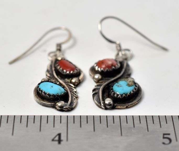 Turquoise and Coral Gemstone Dangle Earrings in Sterling Silver