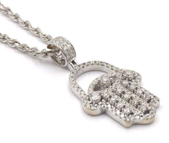 Heavy 14kt white gold 2.75ctw diamond Hamsa pendant on rope chain necklace