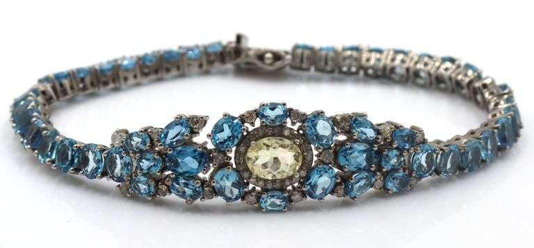 Sparkling 15.00CTW  Oval Emerald-Cut Blue Topaz & Diamond Bracelet in Antique 14K Gold Over Sterling