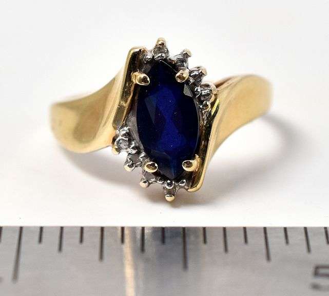 Elegant 10K Yellow Gold Blue Sapphire and Diamond Ring