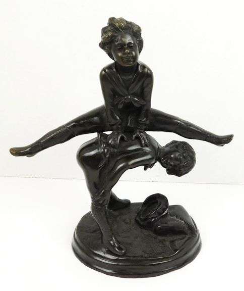 Vintage Cast Bronze Children Playing Leap Frog Sculpture