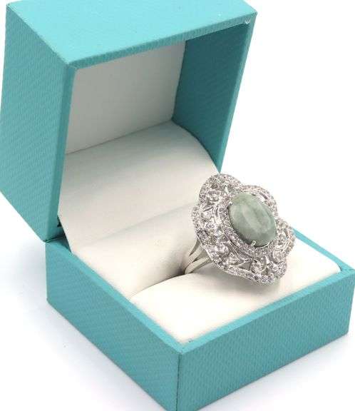 Exquisite 7.75CTS Oval Shaped Cabochon-Cut Emerald & 2.35CTW White Sapphire Ring in Sterling Silver