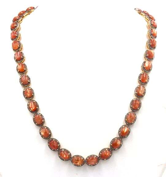 Enchanting 20.50CTW Oval Cabochon-Cut Sunstone Gemstone & 3.60CTW Diamond Tennis Necklace in 14K Yel