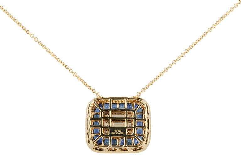 New 2.86ctw Diamond and 0.43ctw Sapphire Mosaic Pendant Necklace in 14K