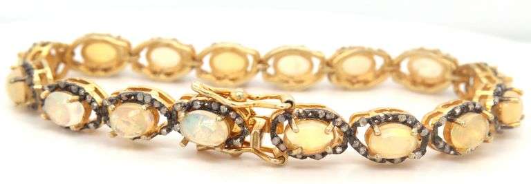 Fabulous 12.10CTW Oval Faceted Opal W/ Fire & Diamond Bracelet in 14K Yellow Gold Over Sterling Silv