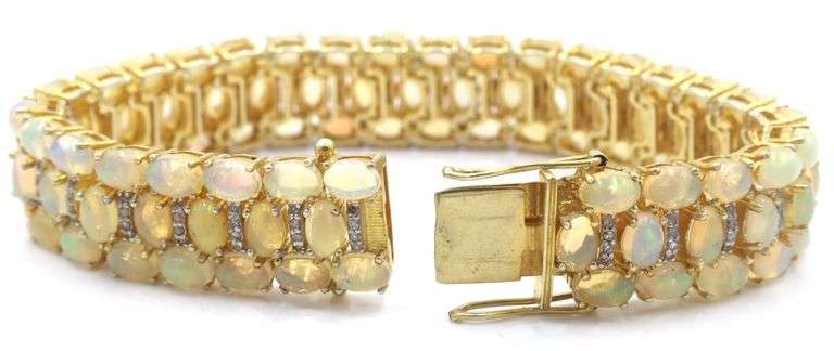Fabulous Brand New European 26.10CTW Ethiopian Opal W/ Fire & Diamond Bracelet in 14K Yellow Gold Ov