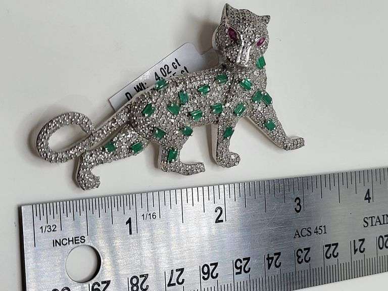 Artistic Panther Pendant in Sterling Silver with 4.02ct Diamonds, 0.15ct Ruby & 1.45ct Emerald Accen