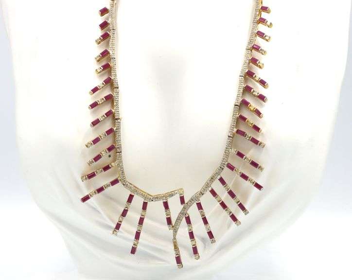 Fantastic 14.80CTW Baguette-Cut Ruby & 4.37CTW Diamond Necklace in 14K Yellow Gold Over Sterling Sil