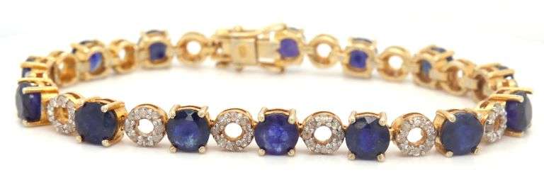 Adorable 18.00CTW Round Faceted Blue Sapphire & Diamond Bracelet in 14K Yellow Gold Over Sterling Si