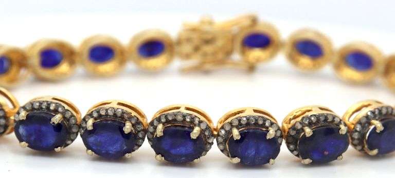Captivating 19.30CTW Oval Faceted Blue Sapphire & 1.40CTW Diamond Bracelet in 14K Yellow Gold Over S