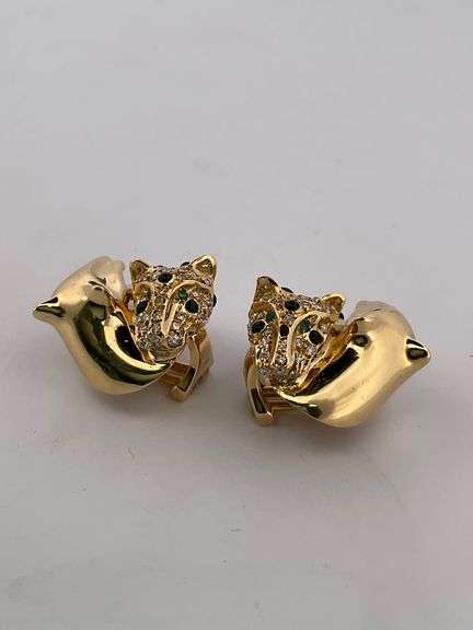 CERTIFIED BRAND NEW 18K GOLD DIAMOND SAPPHIRE AND EMERALD CARTIER INSPIRED LEOPARD EARRINGS
