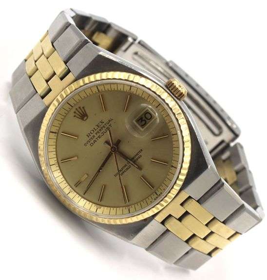 Rolex date just 2 tone 36mm champagne stick dial on fluted bezel in oyster quartz bracelet watch
