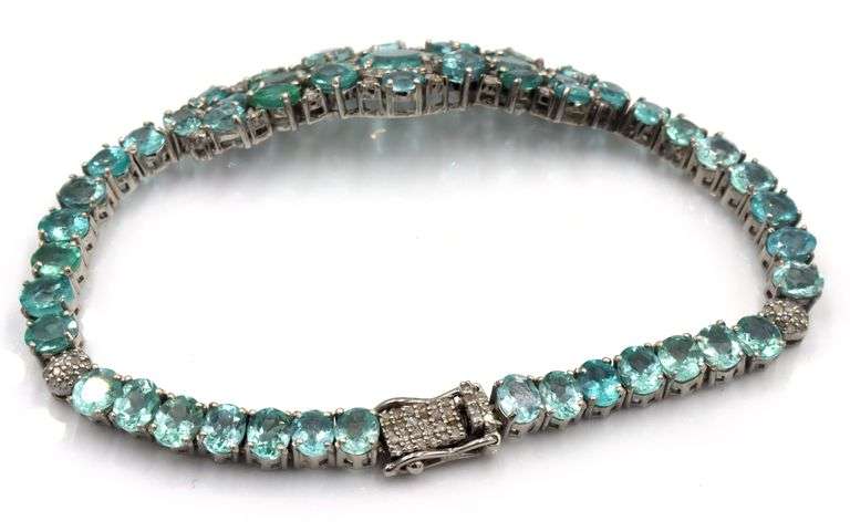 Gorgeous 17.85CTW Aqua Blue Apatite & Diamond Bracelet in 14K White Gold Over Sterling Silver