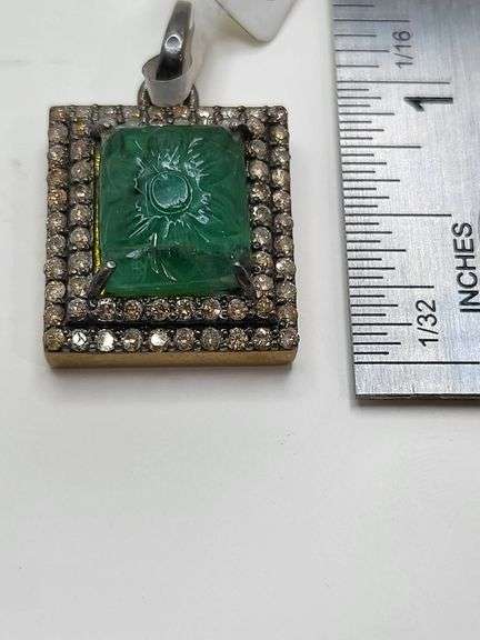 6.40ct  hand carved Colombian Emerald Pendant with 1.32ct Natural Diamonds in Sterling Silver