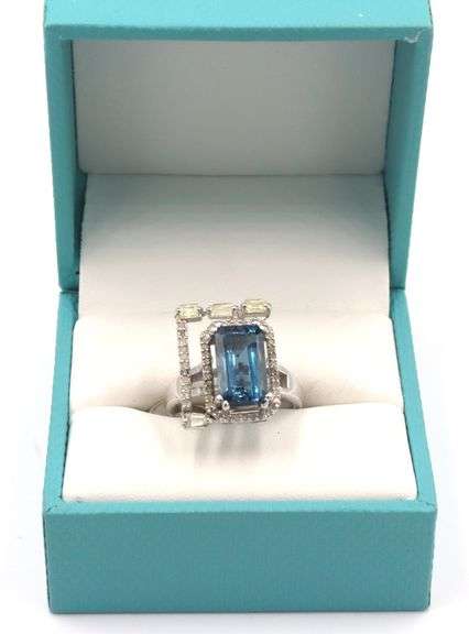 Amazing Very Rare 5.40CTS Emerald-Cut London blue Topaz & Diamond Ring in Sterling Silver