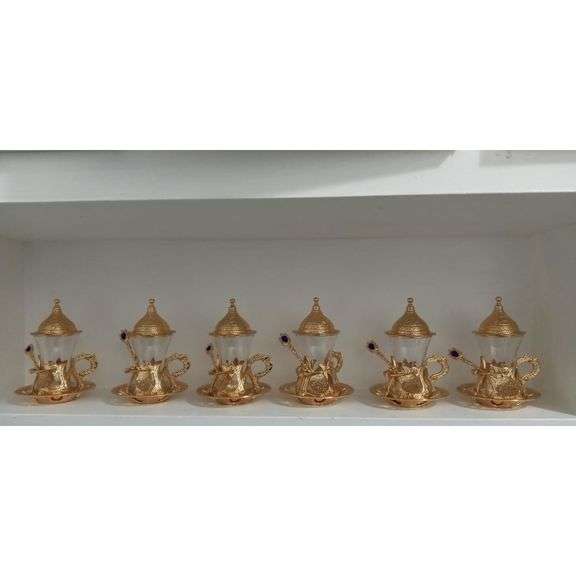 Set of 6 Handmade Turkish Tea Glasses with Saucers & Spoons