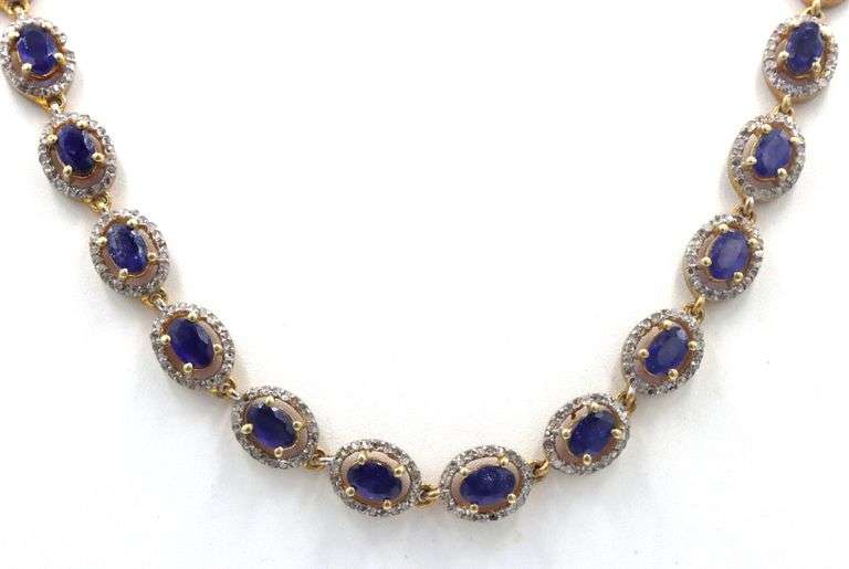 Darling 22.00CTW Oval Emerald Cut Blue Sapphire & 6.00CTW Diamond Tennis Necklace in 14K Yellow Gold