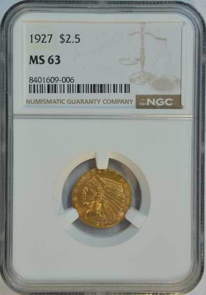 Very Choice BU 1927 US $2.50 Indian Gold Piece. NGC MS63