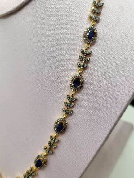 18" Necklace with 18 Natural Sapphire, Diamond Accents in Sterling Silver