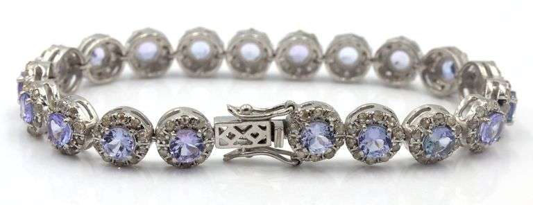 Ethereal 10.05CTW Round Faceted Tanzanite & 4.30CTW Diamond Bracelet in 14K White Gold Over Sterling