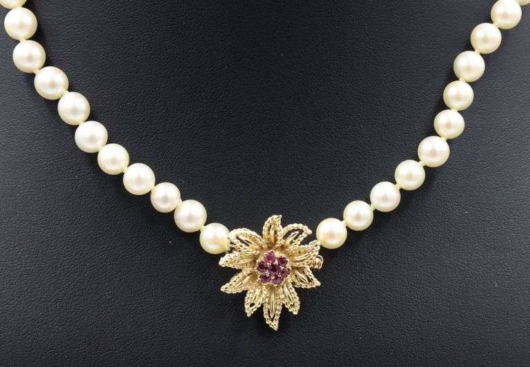 6mm Akoya pearl strand necklace with fancy ruby clasp