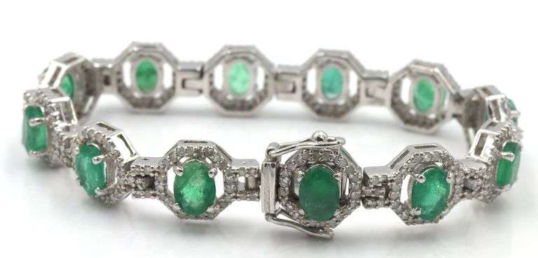 Sparkling 9.98CTW Oval Shaped Emerald-Cut  Natural Emerald & 2.68CTW Diamond Bracelet in 14K White G