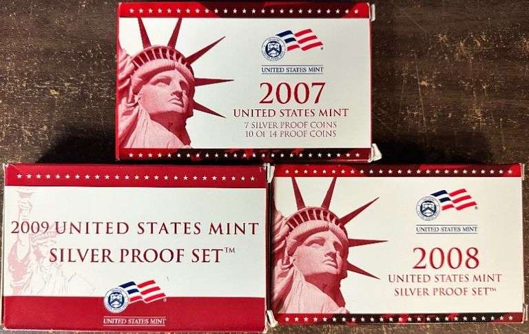 3 Scarce Silver Proof Sets 2007, 2008, & 2009 in original boxes