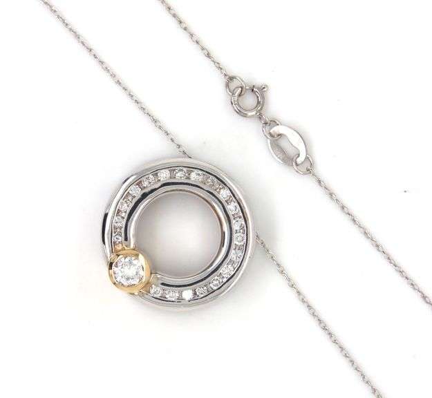 14kt White gold approximate 0.20ctw 2 tone circle diamond pendant on chain
