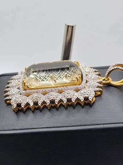 Massive 93.5ct Lemon-Cut Natural Quartz Pendant with Diamond Accents in Sterling Silver