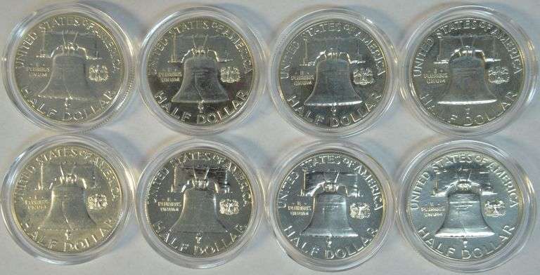 8 Assorted Gem Proof Franklin Half Dollars in capsules