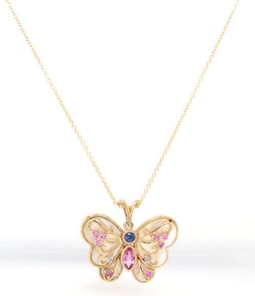 14kt Yellow gold mother of pearl and multi gemstone butterfly pendant on chain