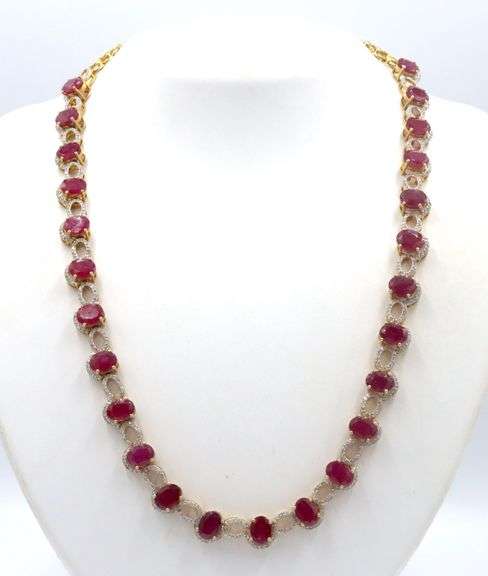 Inspiring Brand New European 40.00CTW Oval Emerald -Cut Rubies & 3.00CTW Diamond Necklace in 14K Yel