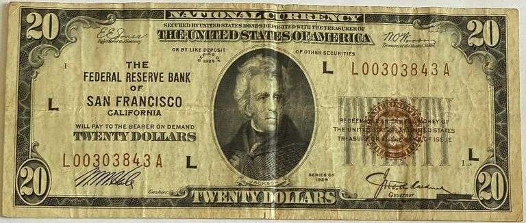 1929 Series $20 San Francisco National Currency Note.