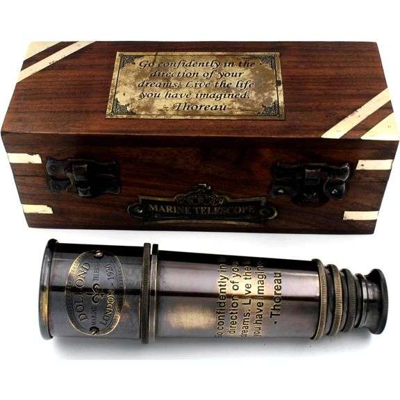 Brass Pirate Spyglass Telescope with Engraved Wooden Box