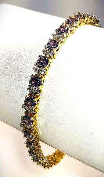 18 Kt White Gold Plated  Lab Simulated Russian Alexandrite Diamond Tennis Bracelet