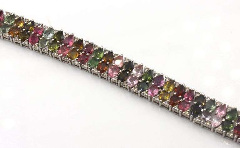 Mesmerizing 24.90CTW Pear Shaped Faceted Multi-Color Tourmaline & 2.15CTW Diamond Bracelet in 14K Wh