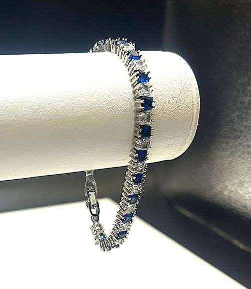 White Gold Plated Huge 11 Ctw Lab Simulated Diamond and Blue Sapphire Tennis Bracelet