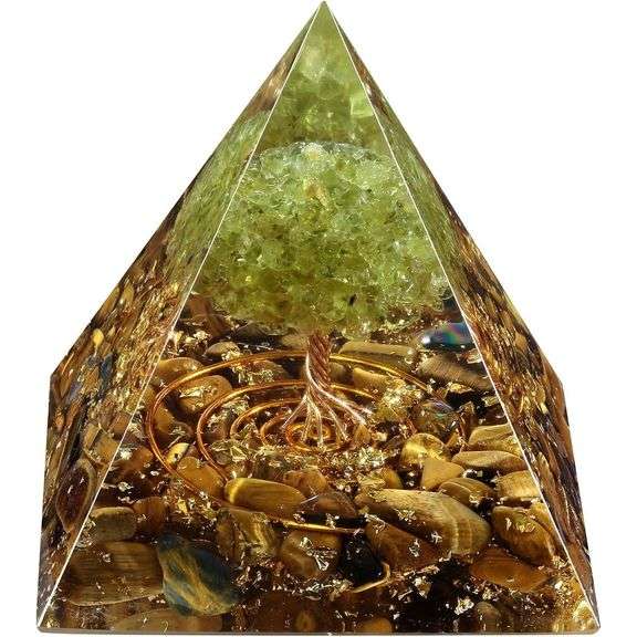 Tree of Life Peridot and Tiger's Eye Crystal Pyramid