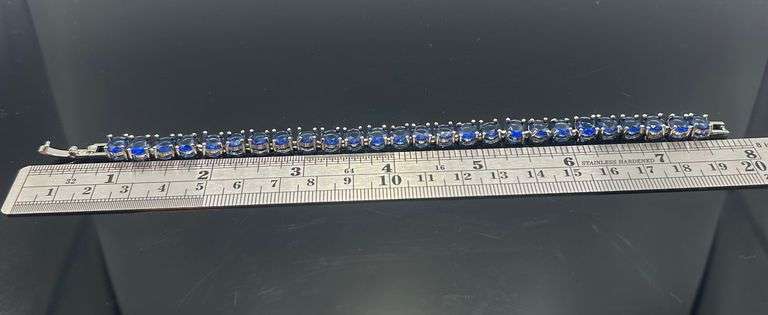 18 Kt White Gold Plated Lab Simulated 16.5 Cttw Midnight Blue Sapphire Tennis Bracelet