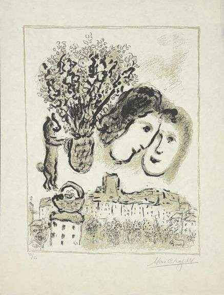 Rare Marc Chagall Signed Lithograph on Japon Nacre Paper Double Gray Portrait