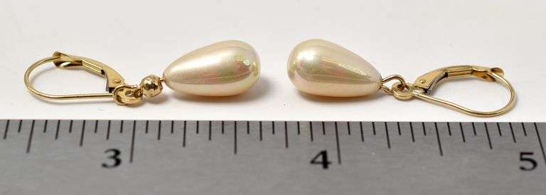 Wonderful 14K Yellow Gold Pearl Dangle Earrings