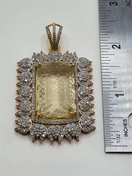 Massive 93.5ct Lemon-Cut Natural Quartz Pendant with Diamond Accents in Sterling Silver