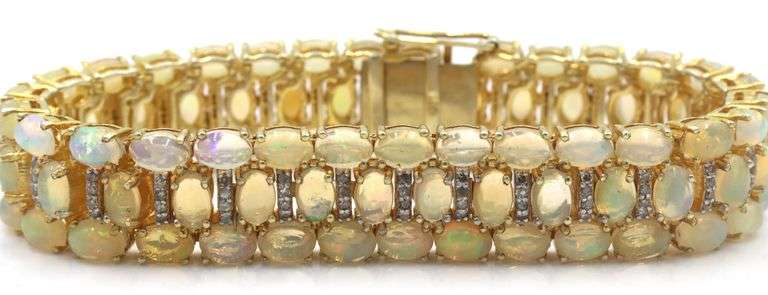 Fabulous Brand New European 26.10CTW Ethiopian Opal W/ Fire & Diamond Bracelet in 14K Yellow Gold Ov