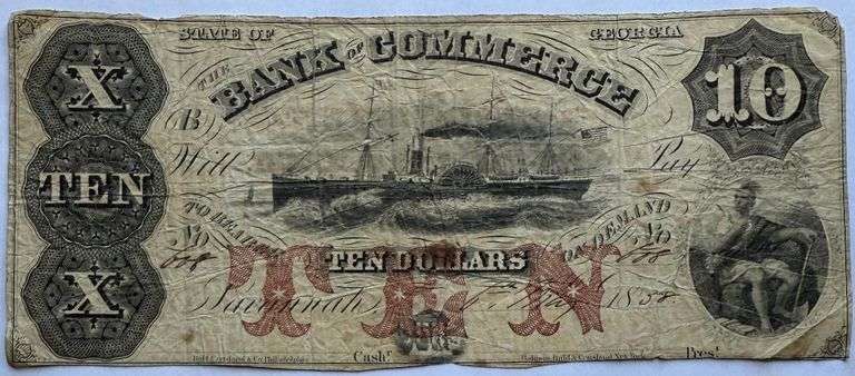 1858 $10 Bank of Commerce Savannah Ga Note